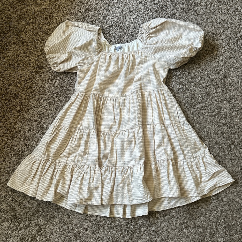 white and Cream Gingham Puff Sleeve Dress and pockets